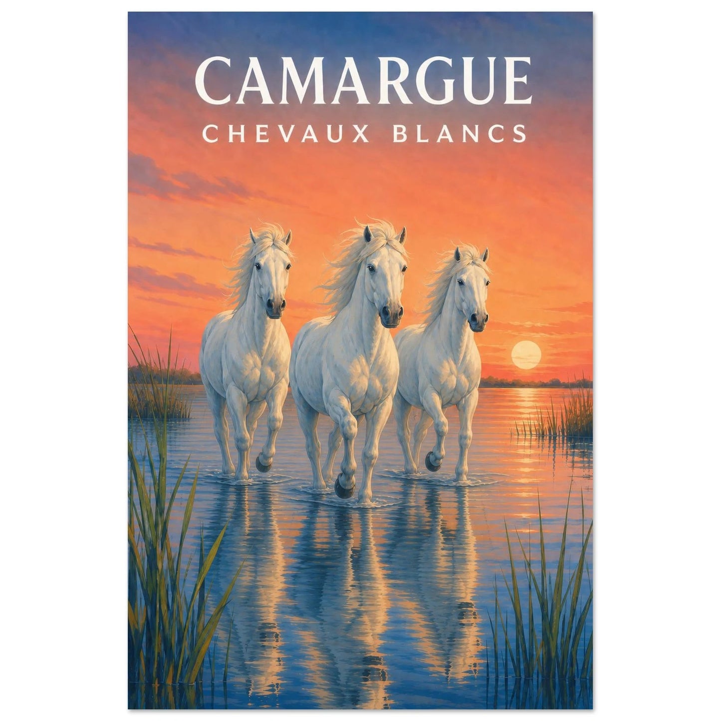Affiche Camargue – Chevaux Blancs, sérigraphie illustrée verticale, format 40 × 60 cm