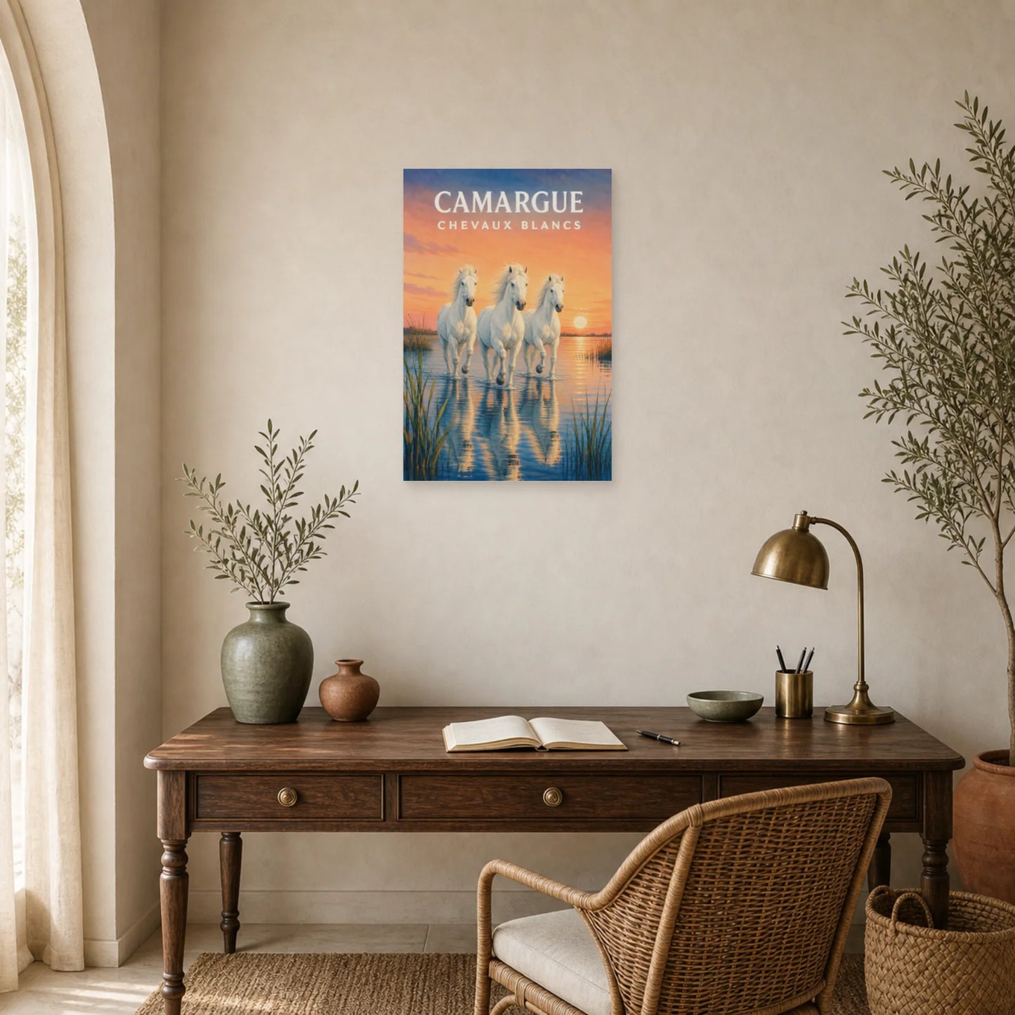 Affiche Camargue – Chevaux Blancs dans un bureau - Art Virtuoso