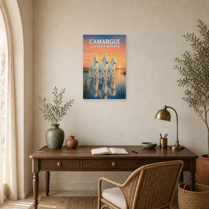 Affiche Camargue – Chevaux Blancs dans un bureau - Art Virtuoso