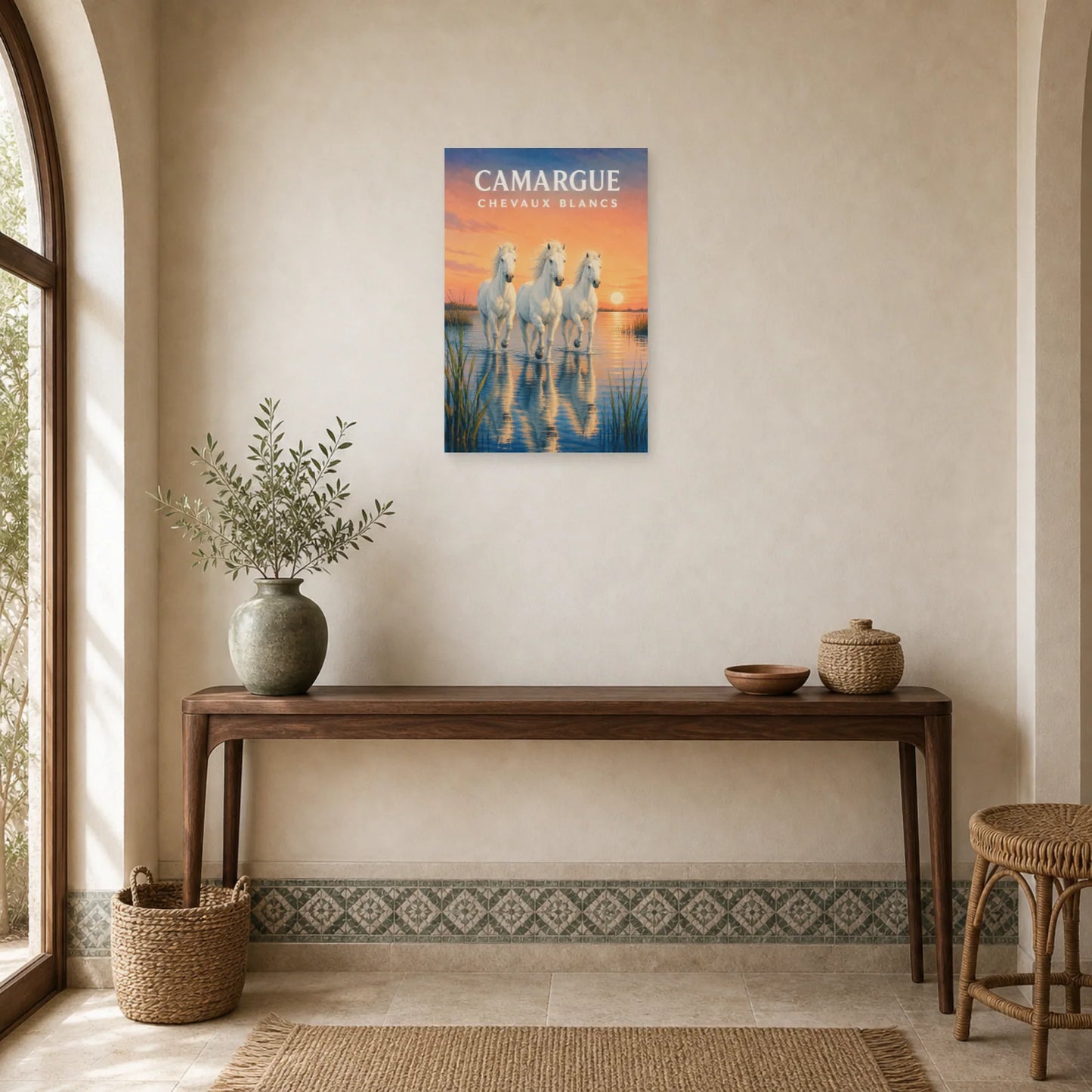Affiche Camargue – Chevaux Blancs dans une entrée ou un couloir - Art Virtuoso