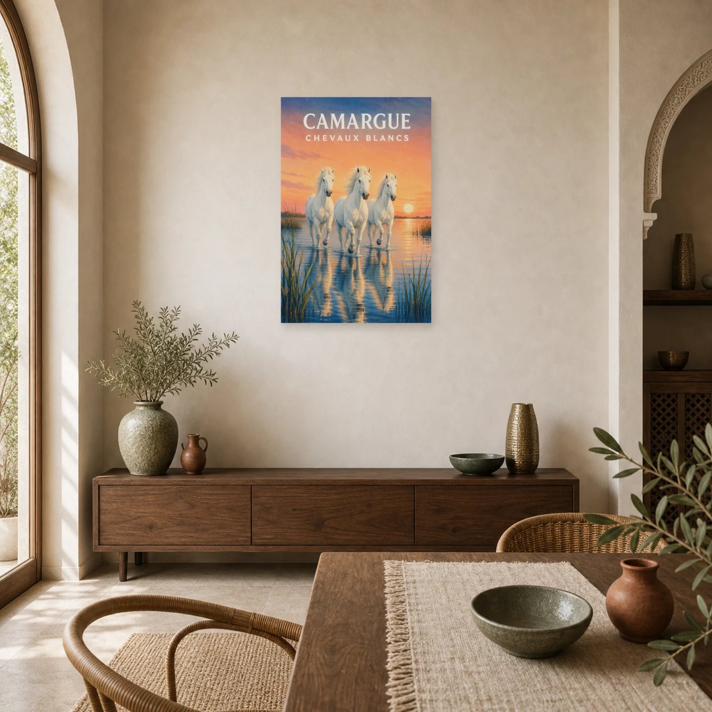 Affiche Camargue – Chevaux Blancs dans une salle à manger - Art Virtuoso