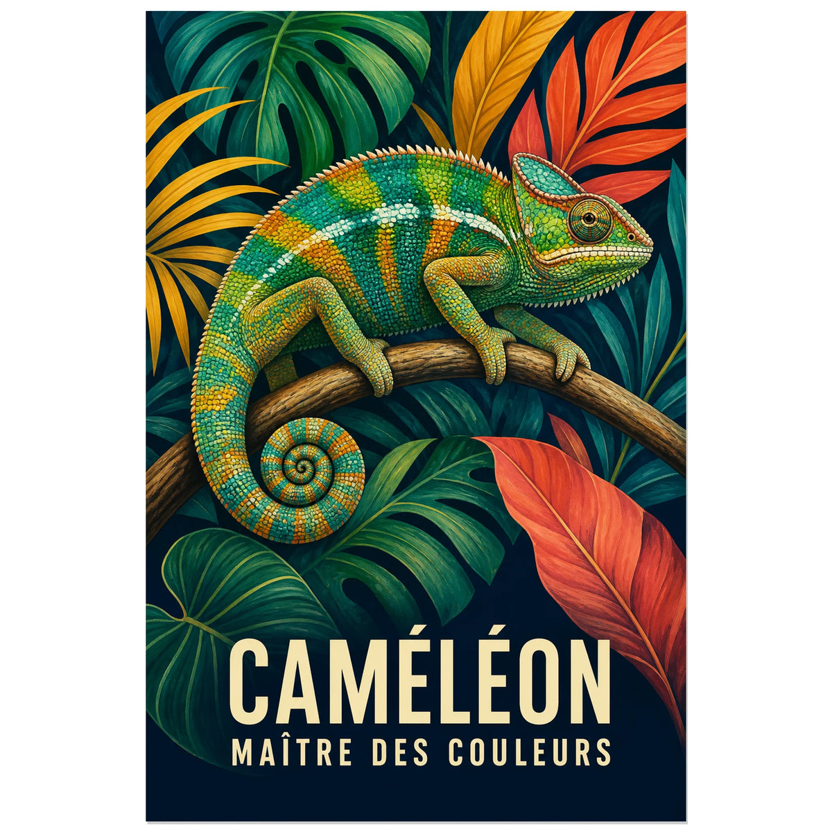 Affiche Caméléon – Maître des couleurs, illustration tropicale moderne en gouache et aplats détaillés verticale, format 60 × 90 cm