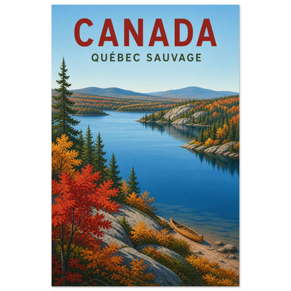 Affiche Canada – Québec Sauvage, affiche de parc naturel néo-rétro aux aplats nets et aux couleurs automnales saturées verticale, format 30 × 45 cm