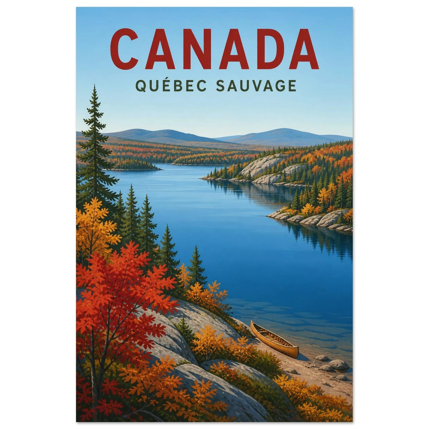 Affiche Canada – Québec Sauvage, affiche de parc naturel néo-rétro aux aplats nets et aux couleurs automnales saturées verticale, format 40 × 60 cm