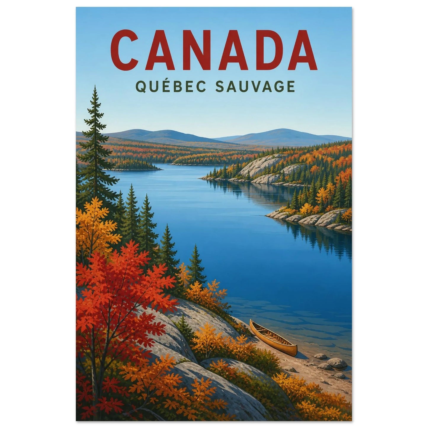 Affiche Canada – Québec Sauvage, affiche de parc naturel néo-rétro aux aplats nets et aux couleurs automnales saturées verticale, format 60 × 90 cm