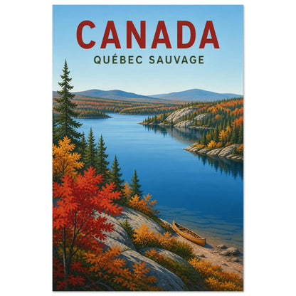 Affiche Canada – Québec Sauvage, affiche de parc naturel néo-rétro aux aplats nets et aux couleurs automnales saturées verticale, format 60 × 90 cm