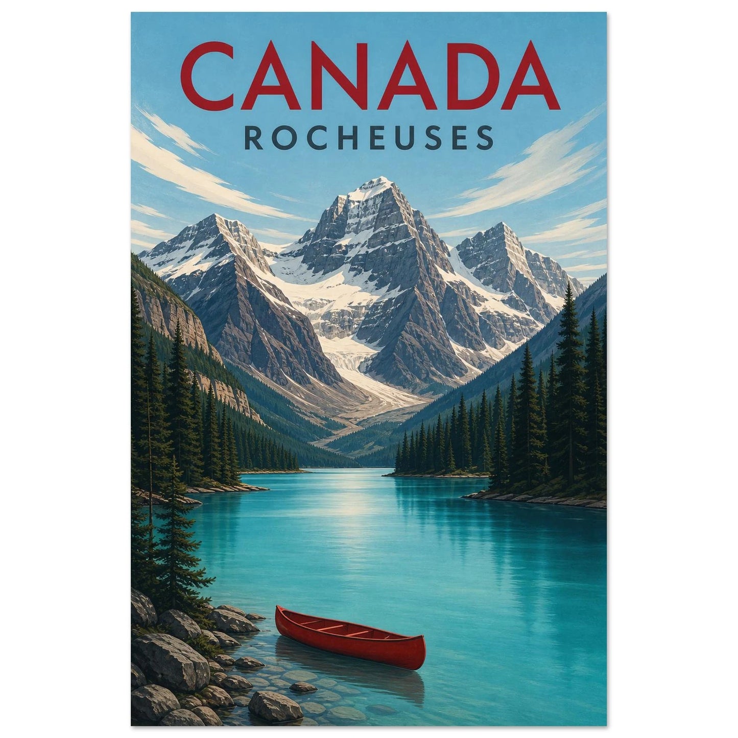 Affiche Canada – Rocheuses, affiche de parc national néo-rétro, entre gouache réaliste et graphisme de voyage verticale, format 60 × 90 cm