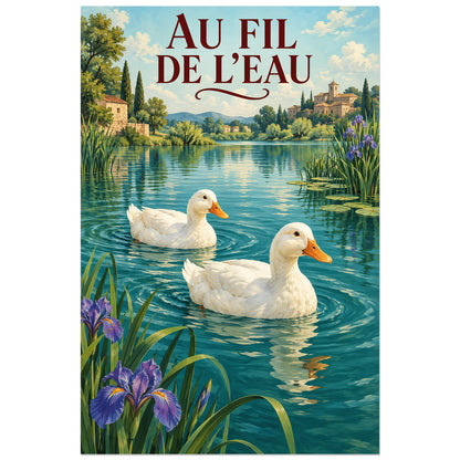 Affiche Canards – Au fil de l’eau, peinture figurative / affiche champêtre verticale, format 40 × 60 cm