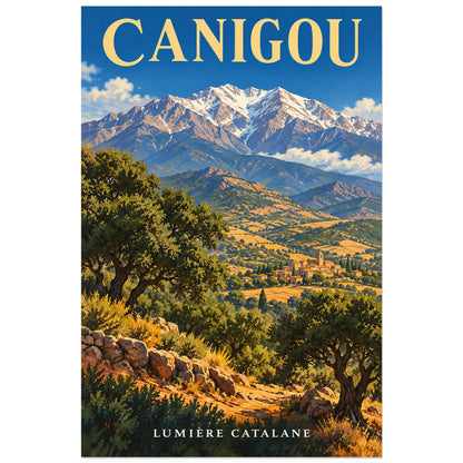 Affiche Canigou – Sommet catalan, illustration peinte / affiche touristique néo-vintage verticale, format 30 × 45 cm