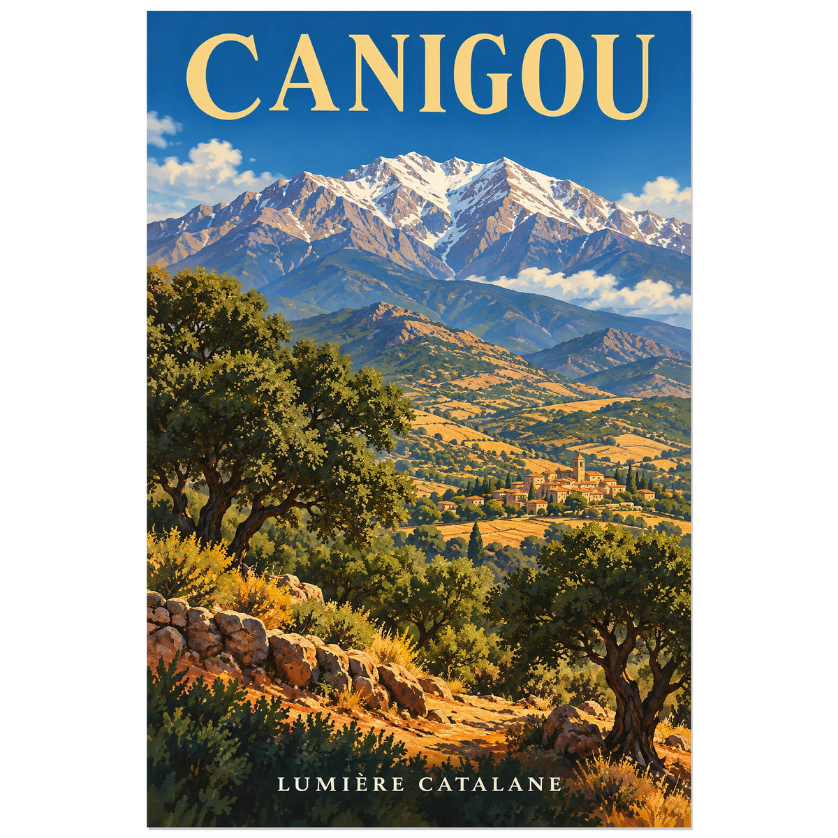 Affiche Canigou – Sommet catalan, illustration peinte / affiche touristique néo-vintage verticale, format 40 × 60 cm