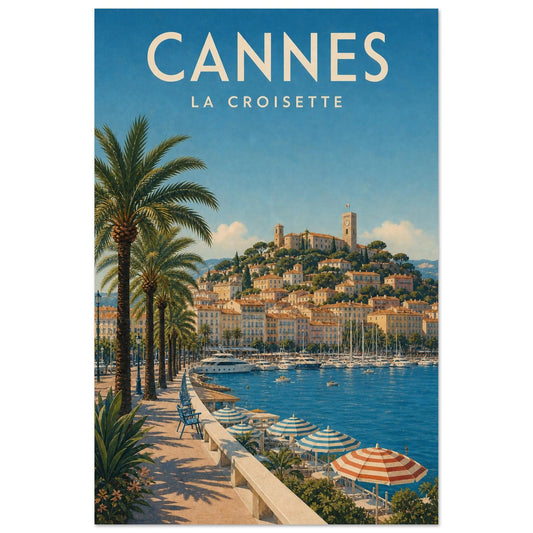 Affiche Cannes – La Croisette, illustration verticale affiche de voyage raffinée, format 30 × 45 cm