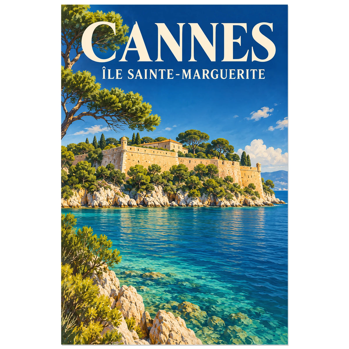 Affiche Cannes - Île Sainte-Marguerite, illustration peinte / affiche de voyage rétro verticale, format 30 × 45 cm