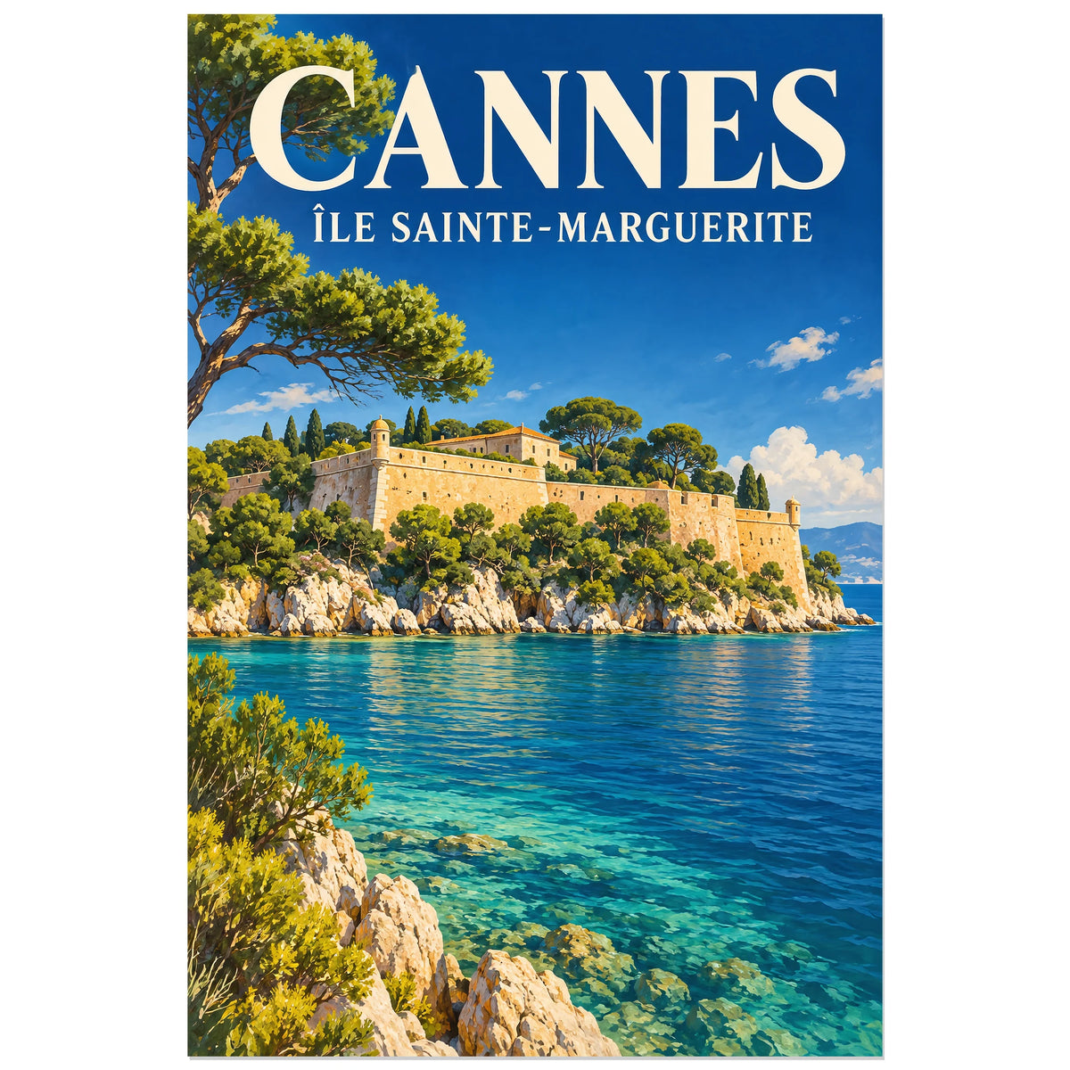 Affiche Cannes - Île Sainte-Marguerite, illustration peinte / affiche de voyage rétro verticale, format 60 × 90 cm