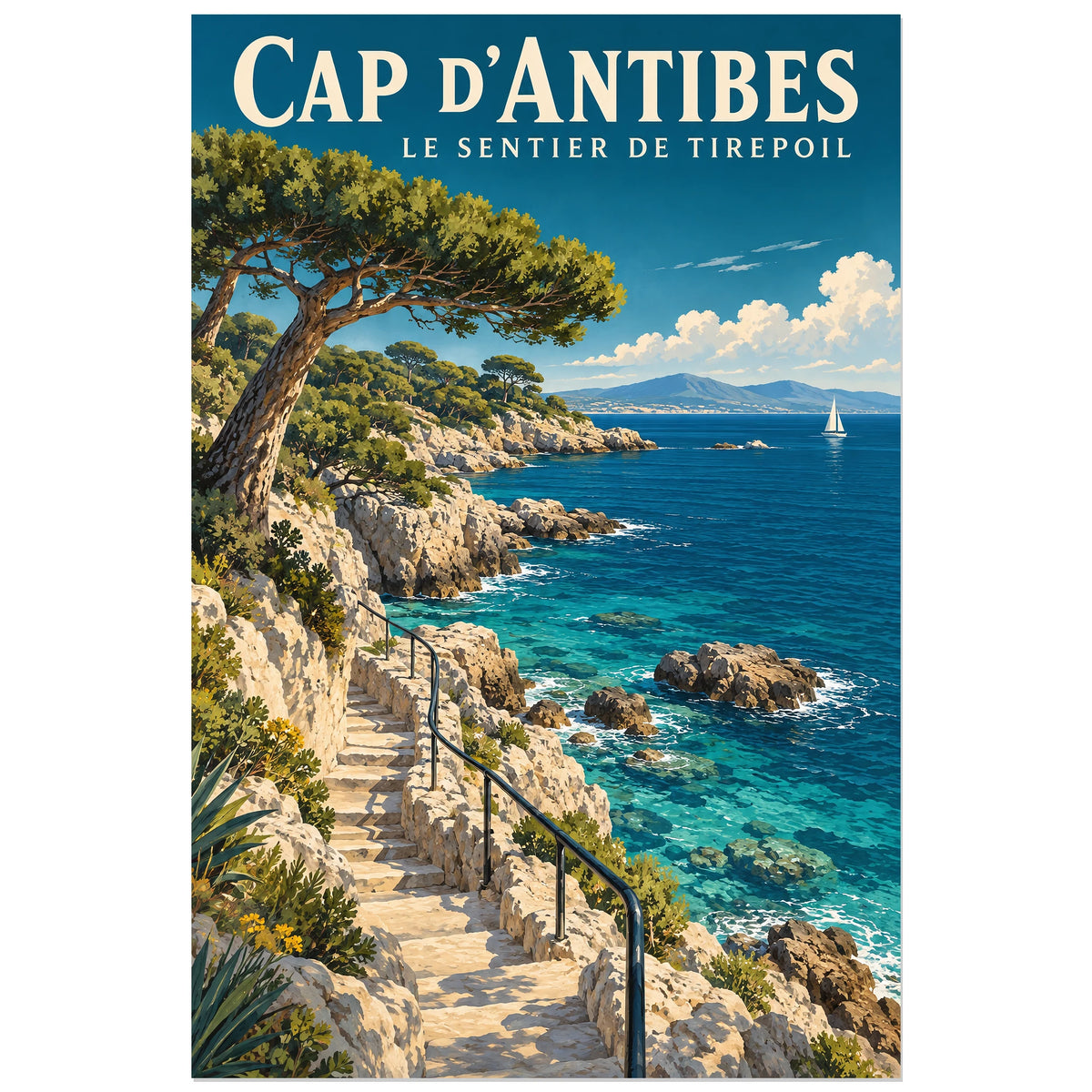 Affiche Cap d'Antibes - Sentier de Tirepoil, illustration peinte / affiche de voyage rétro verticale, format 30 × 45 cm