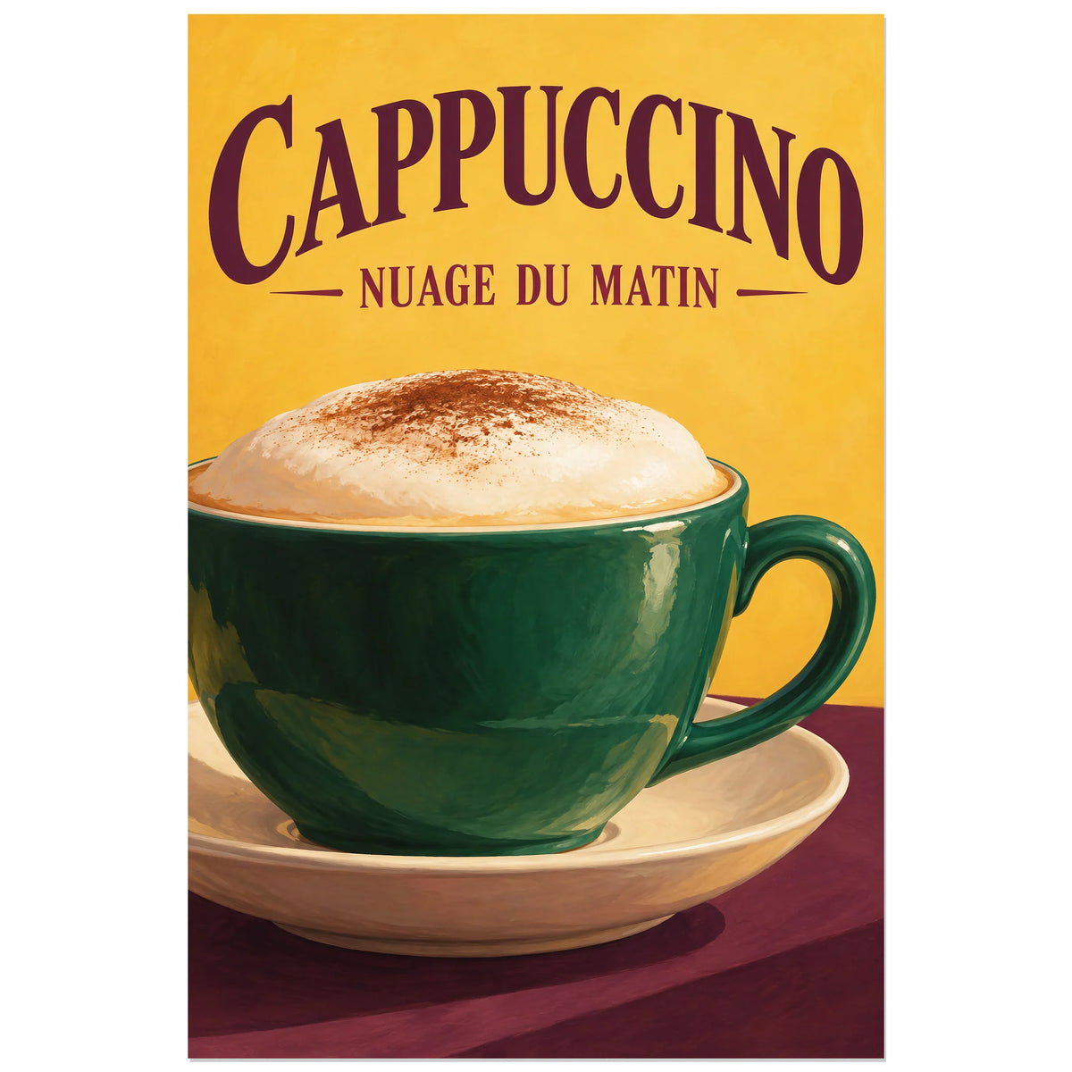 Illustration de cappuccino et soucoupe ivoire sur fond solaire, 60 × 90 cm