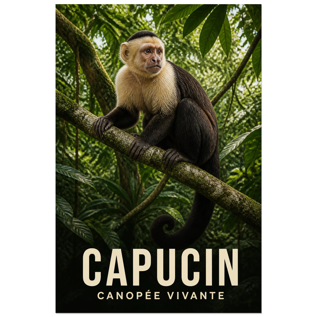 Affiche Capucin – Canopée vivante, photographie animalière tropicale naturaliste et détaillée verticale, format 30 × 45 cm