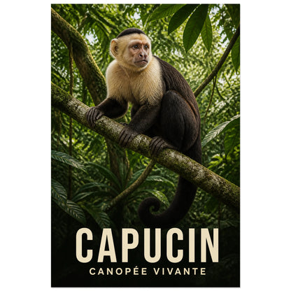 Affiche Capucin – Canopée vivante, photographie animalière tropicale naturaliste et détaillée verticale, format 60 × 90 cm