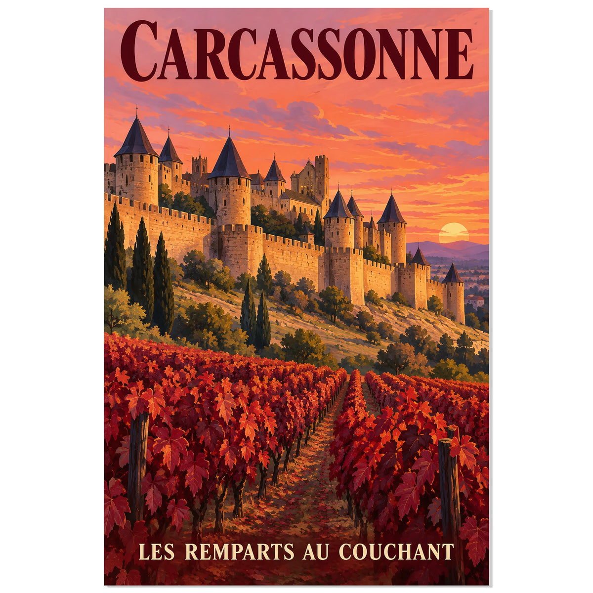 Affiche Carcassonne - Les remparts au couchant, illustration de voyage / rendu gouache / inspiration vintage verticale, format 30 × 45 cm