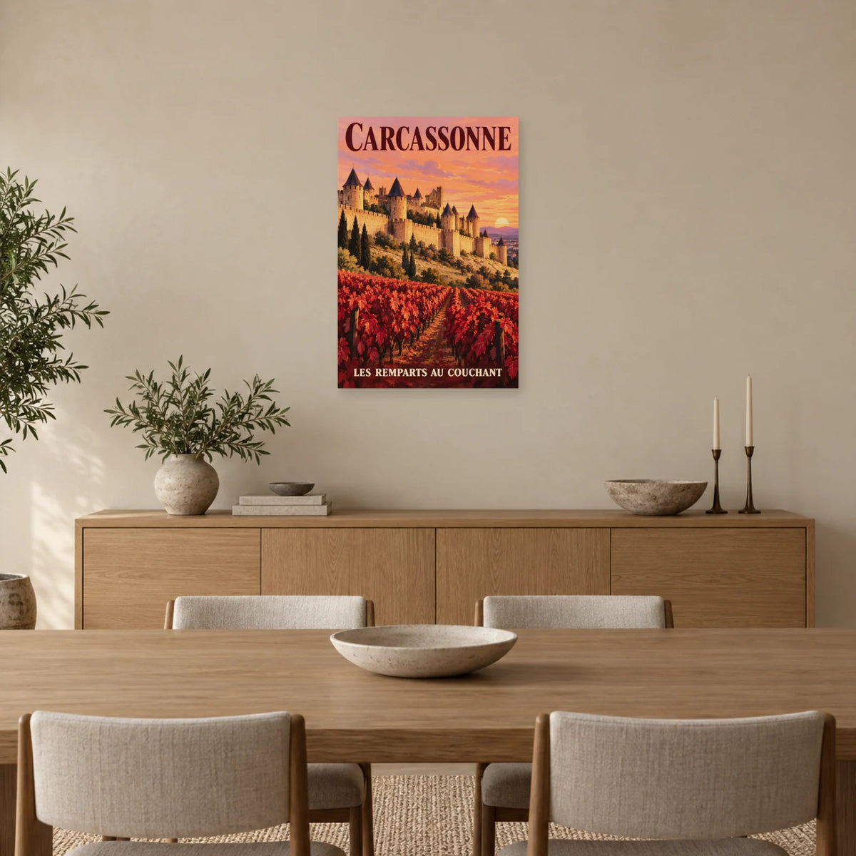 Affiche Carcassonne - Les remparts au couchant dans une salle à manger - Art Virtuoso