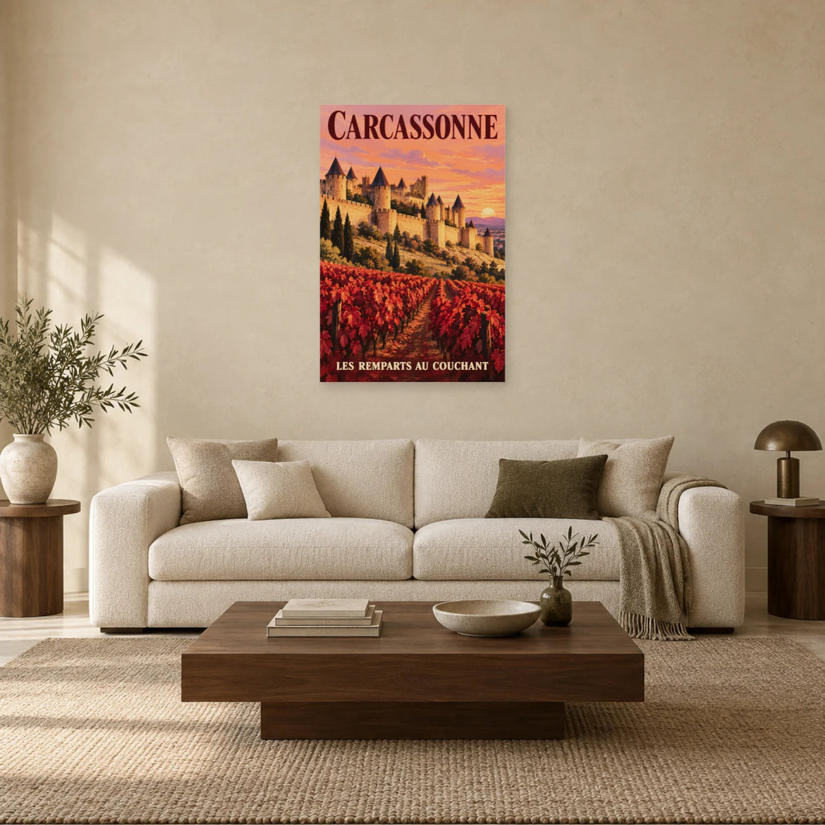 Affiche Carcassonne - Les remparts au couchant dans un salon - Art Virtuoso