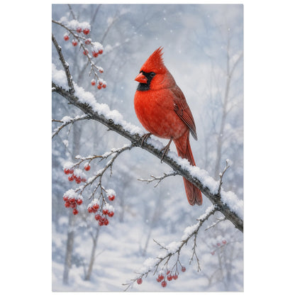 Affiche Cardinal rouge dans la neige, aquarelle naturaliste hivernale à finition douce et détaillée verticale, format 40 × 60 cm