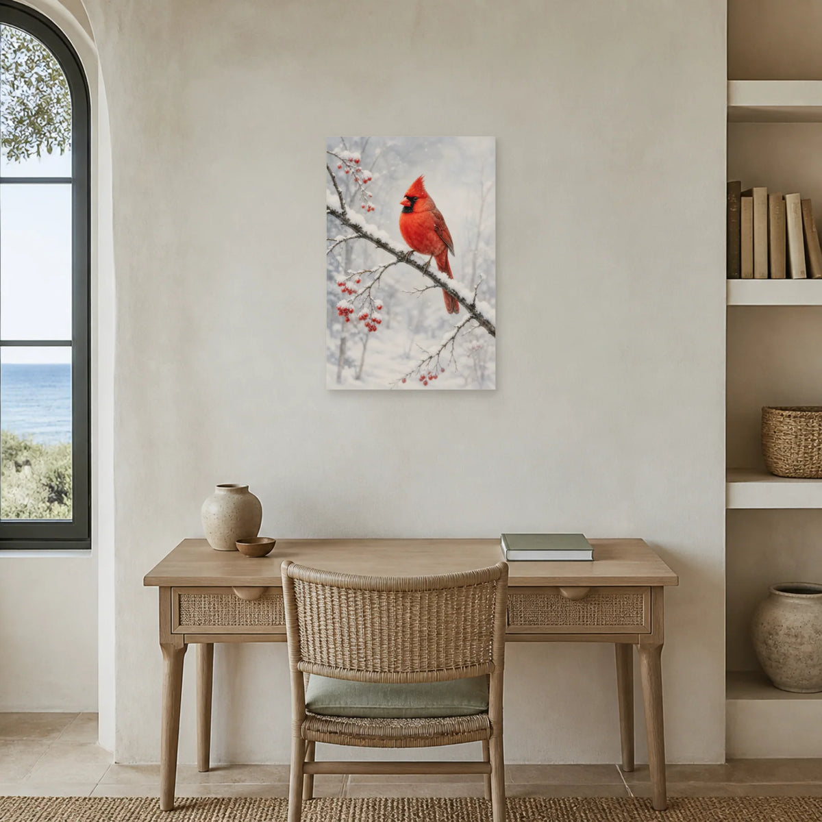 Affiche Cardinal rouge dans la neige dans un bureau - Art Virtuoso
