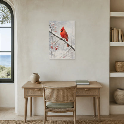 Affiche Cardinal rouge dans la neige dans un bureau - Art Virtuoso