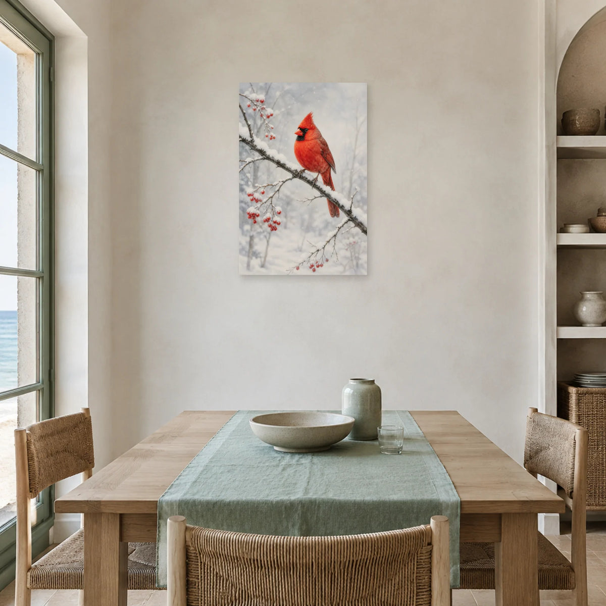 Affiche Cardinal rouge dans la neige dans une salle à manger - Art Virtuoso