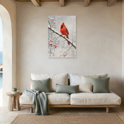 Affiche Cardinal rouge dans la neige dans un salon - Art Virtuoso