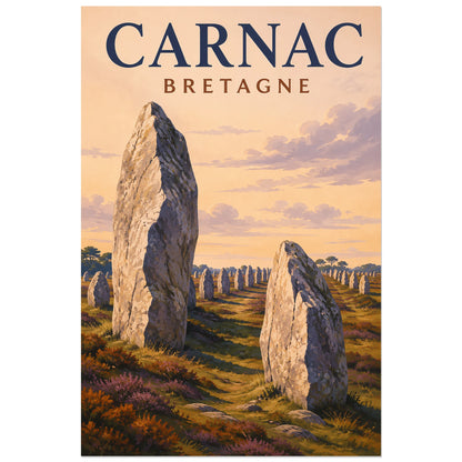 Deux pierres dressées au premier plan à Carnac, affiche 30 × 45 cm