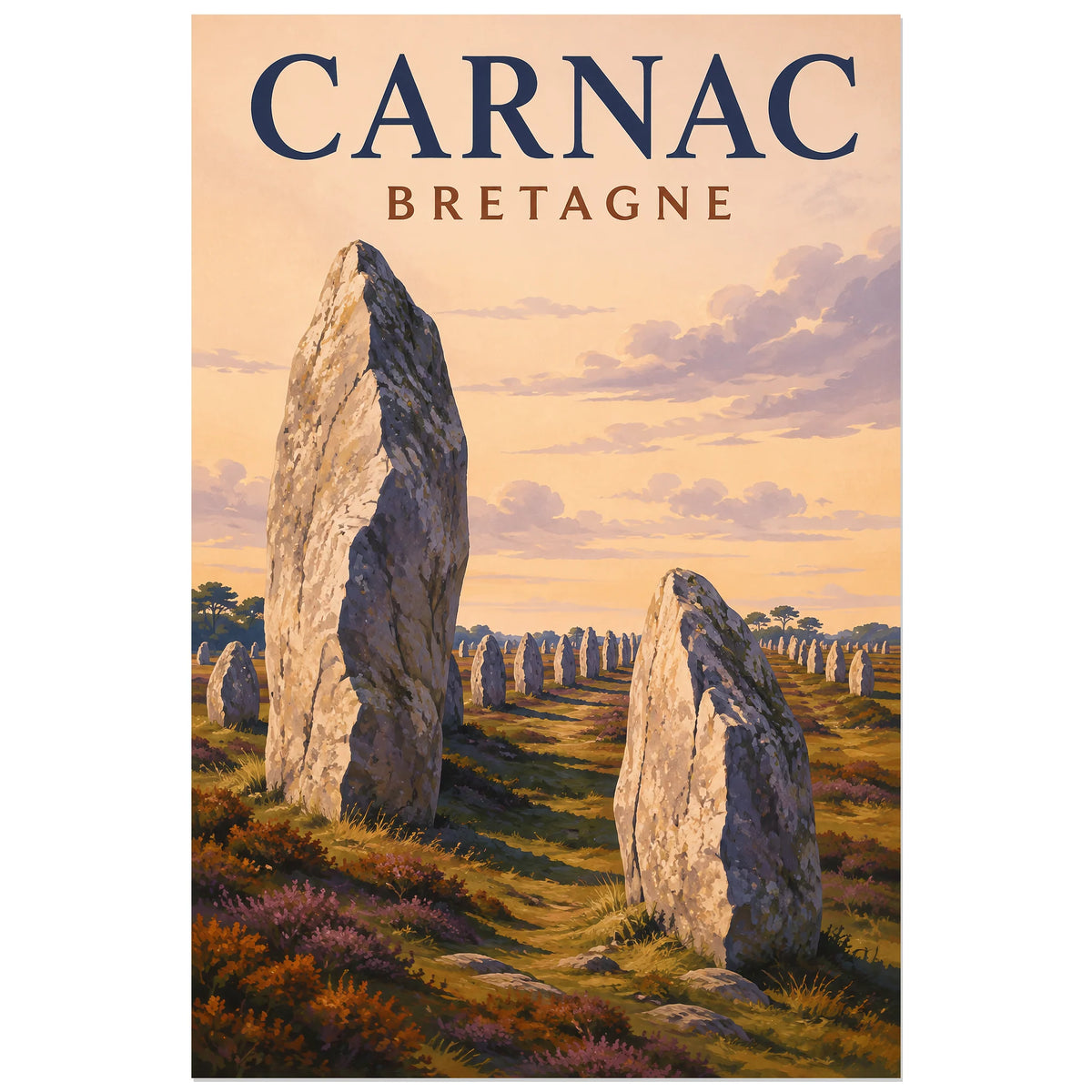 Menhirs de Carnac sous un ciel rose pâle, affiche 60 × 90 cm
