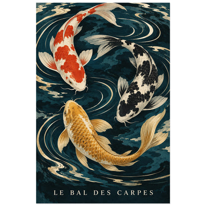 Affiche Carpes koï - Le bal de l'eau, illustration d'inspiration estampe / dessin naturaliste verticale, format 30 × 45 cm
