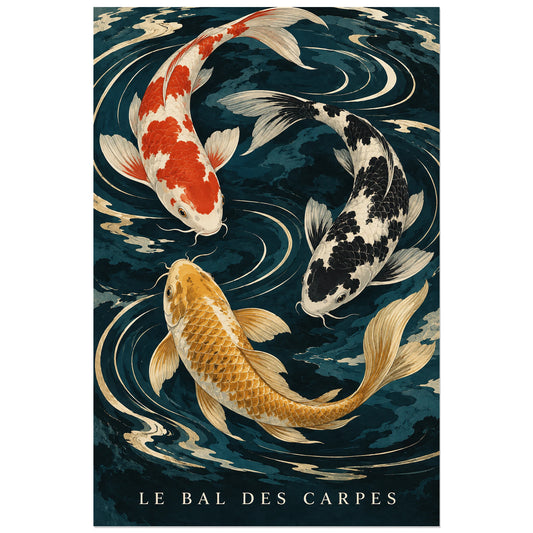 Affiche Carpes koï - Le bal de l'eau, illustration d'inspiration estampe / dessin naturaliste verticale, format 30 × 45 cm