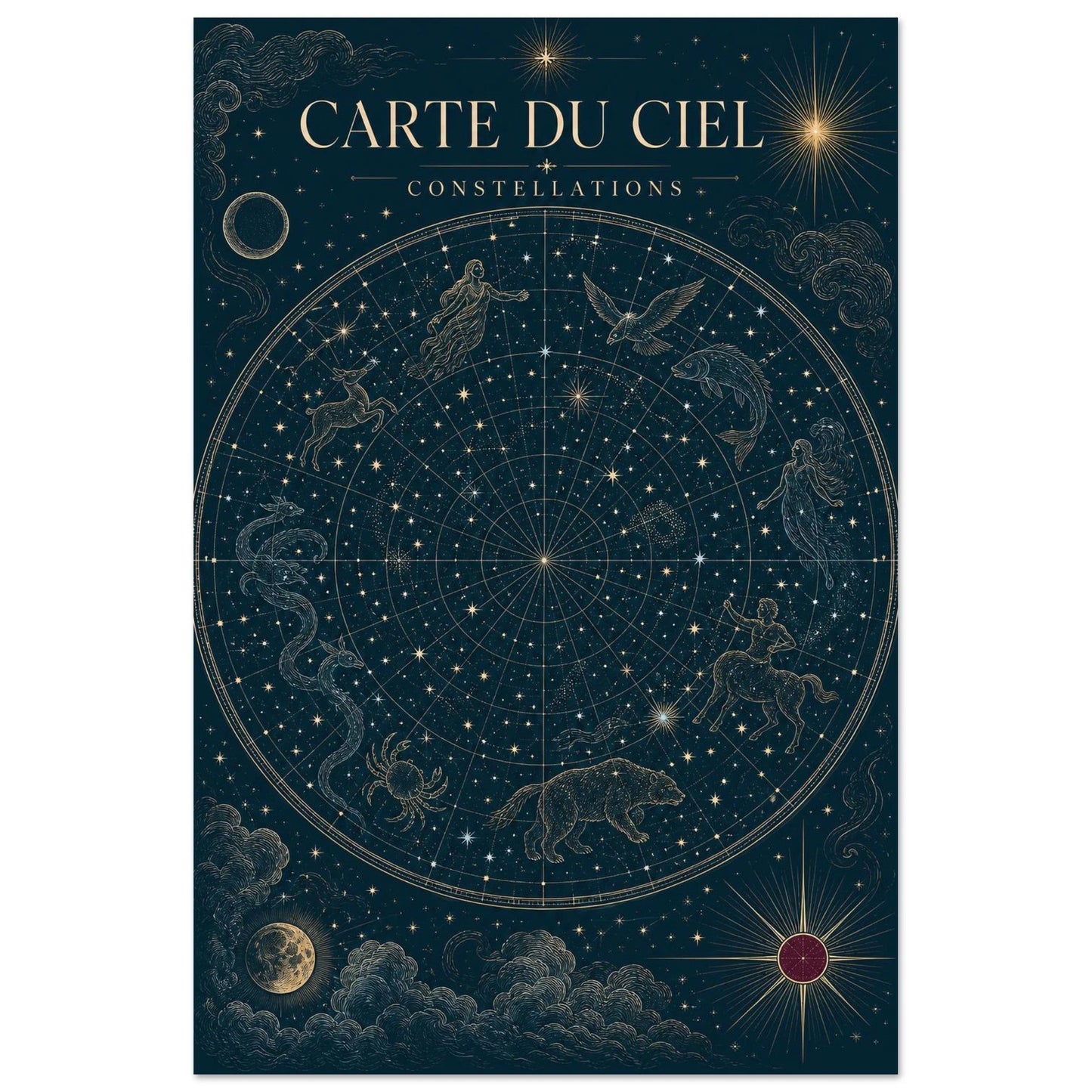 Affiche Carte du Ciel – Constellations, illustration éditoriale verticale, format 30 × 45 cm