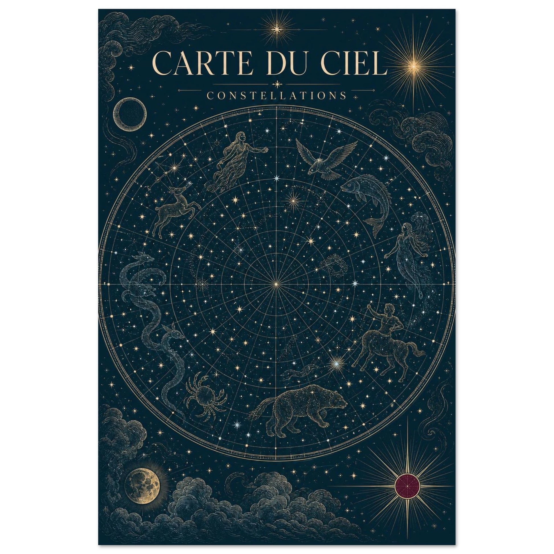 Affiche Carte du Ciel – Constellations, illustration éditoriale verticale, format 30 × 45 cm