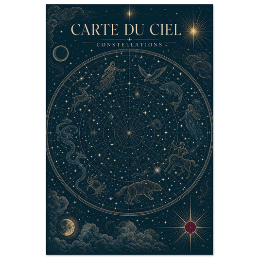 Affiche Carte du Ciel – Constellations, illustration éditoriale verticale, format 30 × 45 cm