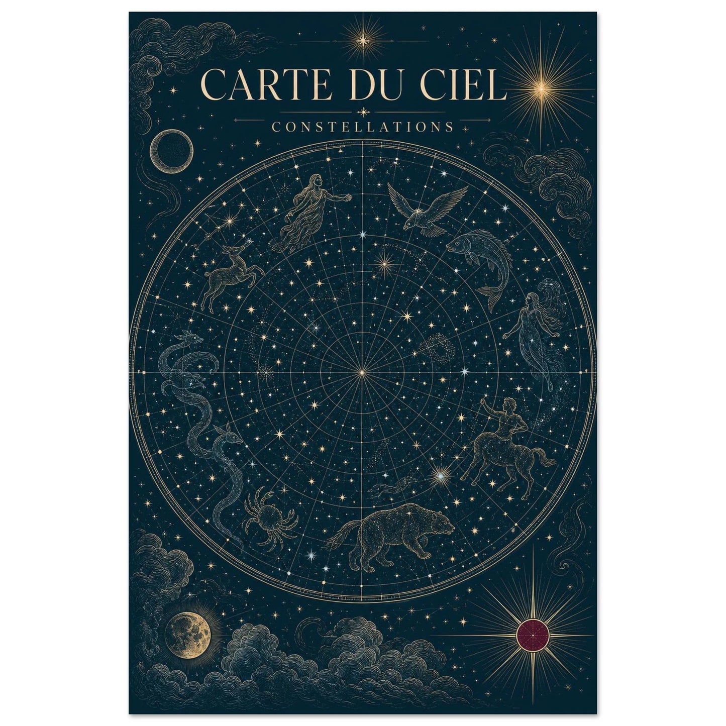 Affiche Carte du Ciel – Constellations, illustration éditoriale verticale, format 40 × 60 cm