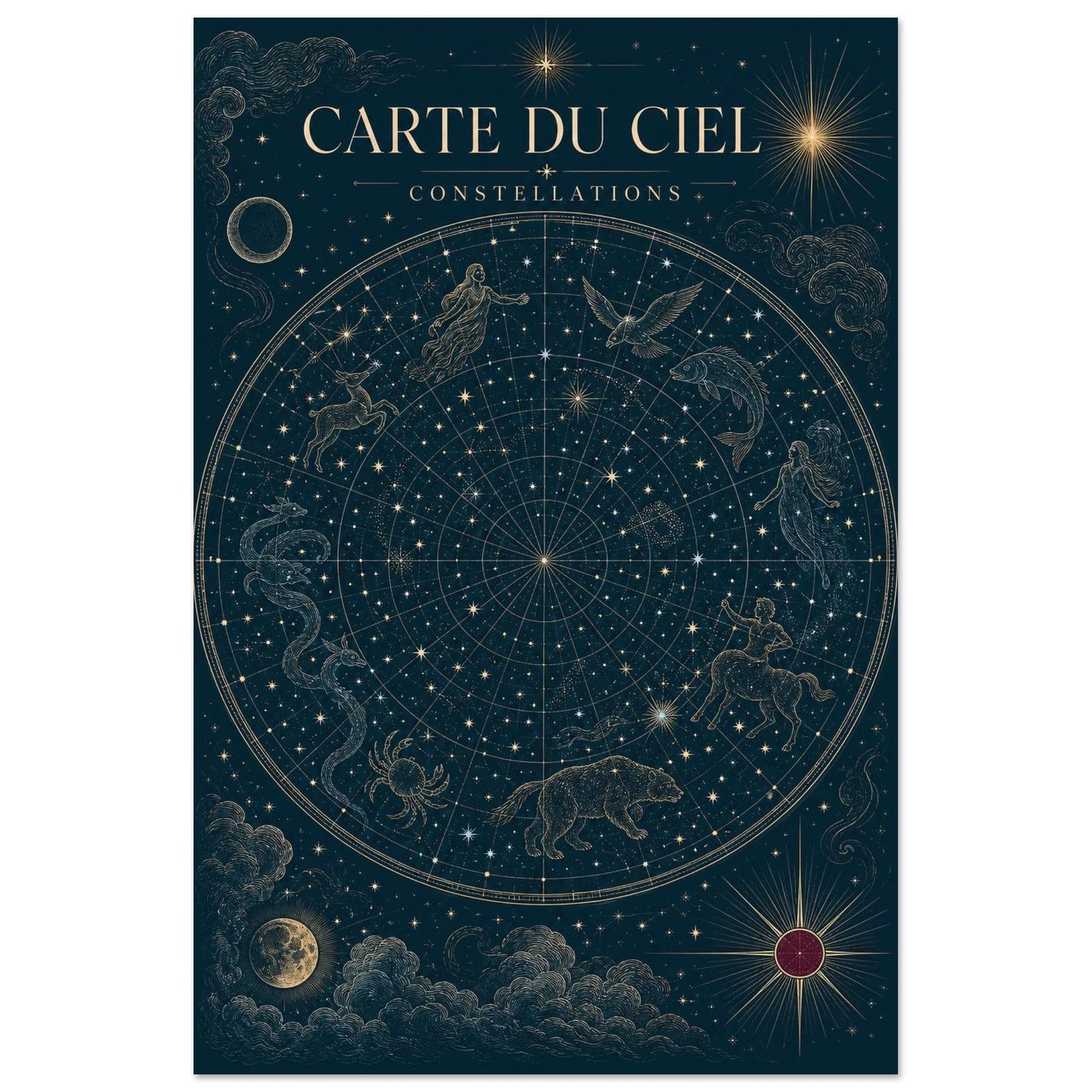 Affiche Carte du Ciel – Constellations, illustration éditoriale verticale, format 60 × 90 cm