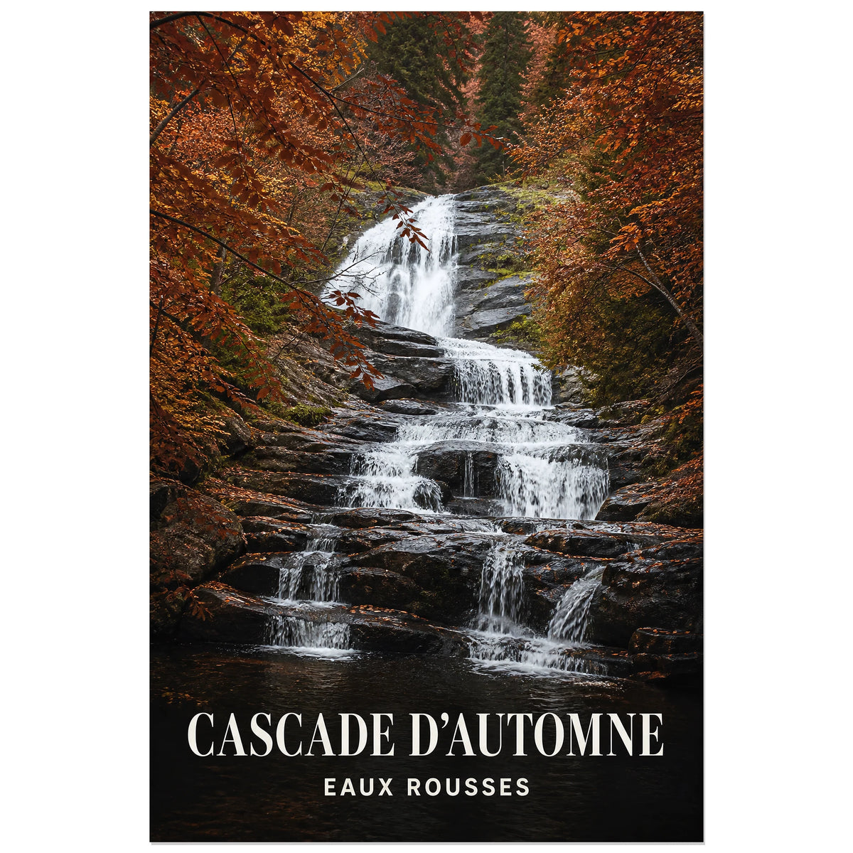 Affiche Cascade d’Automne – Eaux Rousses, photographie de paysage automnal verticale, format 60 × 90 cm