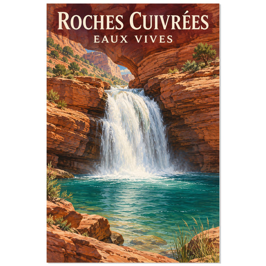 Affiche Cascade du canyon – Roches cuivrées, affiche de paysage illustrée / réalisme pictural / inspiration voyage rétro verticale, format 30 × 45 cm
