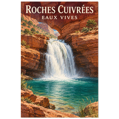 Affiche Cascade du canyon – Roches cuivrées, affiche de paysage illustrée / réalisme pictural / inspiration voyage rétro verticale, format 40 × 60 cm