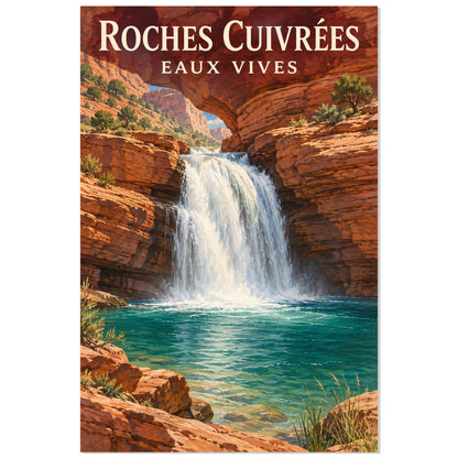 Affiche Cascade du canyon – Roches cuivrées, affiche de paysage illustrée / réalisme pictural / inspiration voyage rétro verticale, format 60 × 90 cm