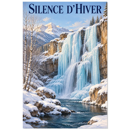 Affiche Cascade de glace – Silence d’hiver, affiche de paysage illustrée / réalisme pictural / inspiration voyage rétro verticale, format 30 × 45 cm