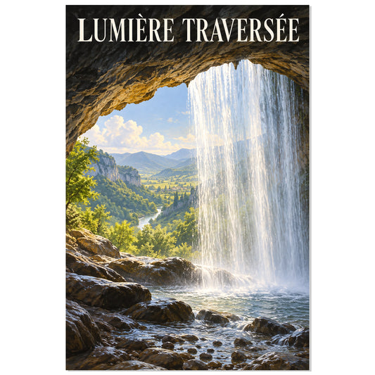 Affiche Cascade sous la roche – Lumière traversée, affiche de paysage illustrée / réalisme pictural / inspiration voyage rétro verticale, format 30 × 45 cm