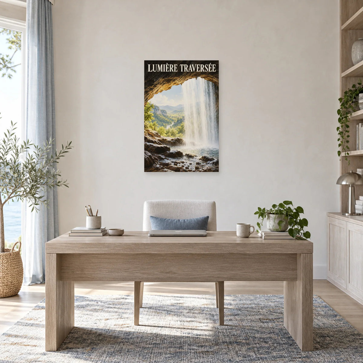Affiche Cascade sous la roche – Lumière traversée dans un bureau - Art Virtuoso