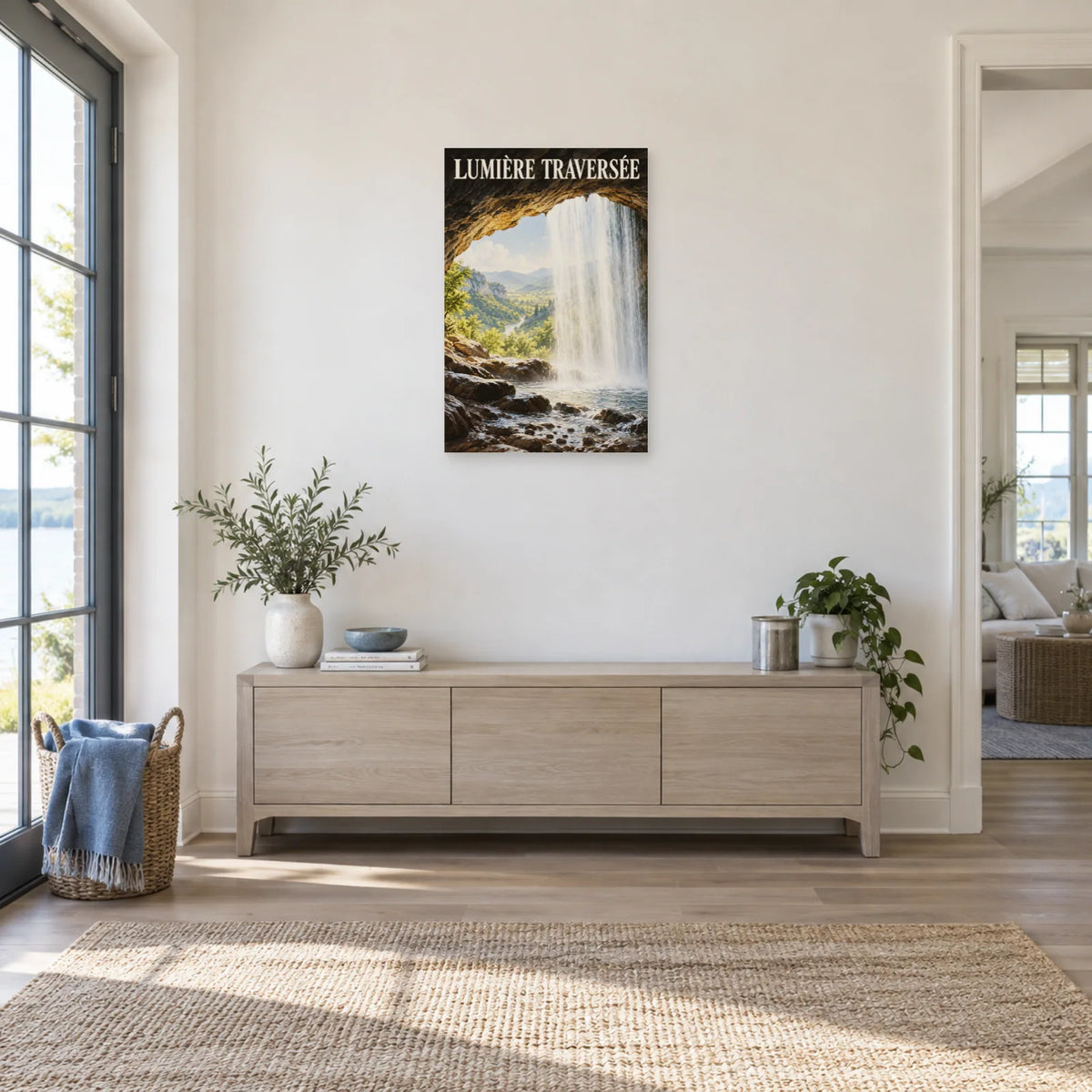 Affiche Cascade sous la roche – Lumière traversée dans une entrée ou un couloir - Art Virtuoso