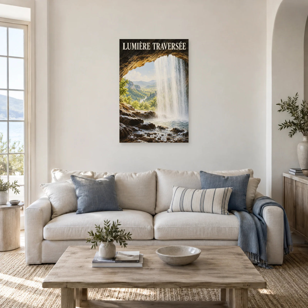 Affiche Cascade sous la roche – Lumière traversée dans un salon - Art Virtuoso