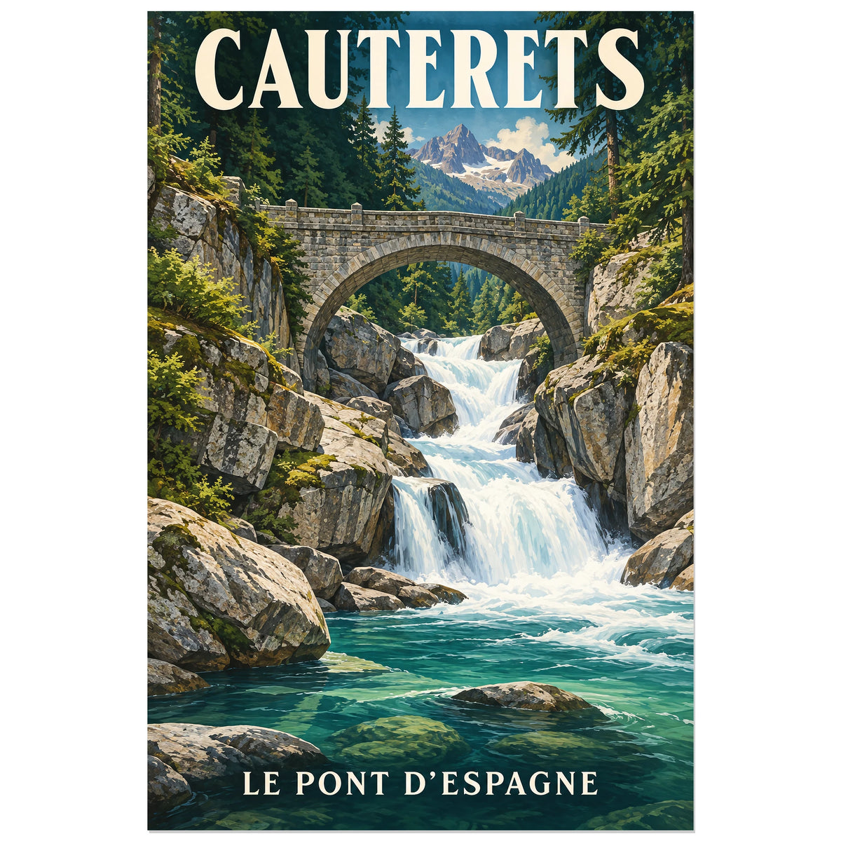 Affiche Cauterets – Pont d’Espagne, illustration réaliste / affiche touristique néo-vintage verticale, format 30 × 45 cm