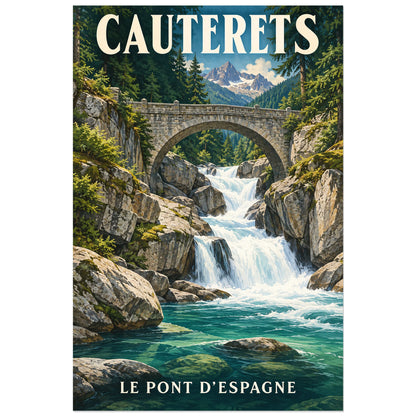 Affiche Cauterets – Pont d’Espagne, illustration réaliste / affiche touristique néo-vintage verticale, format 60 × 90 cm