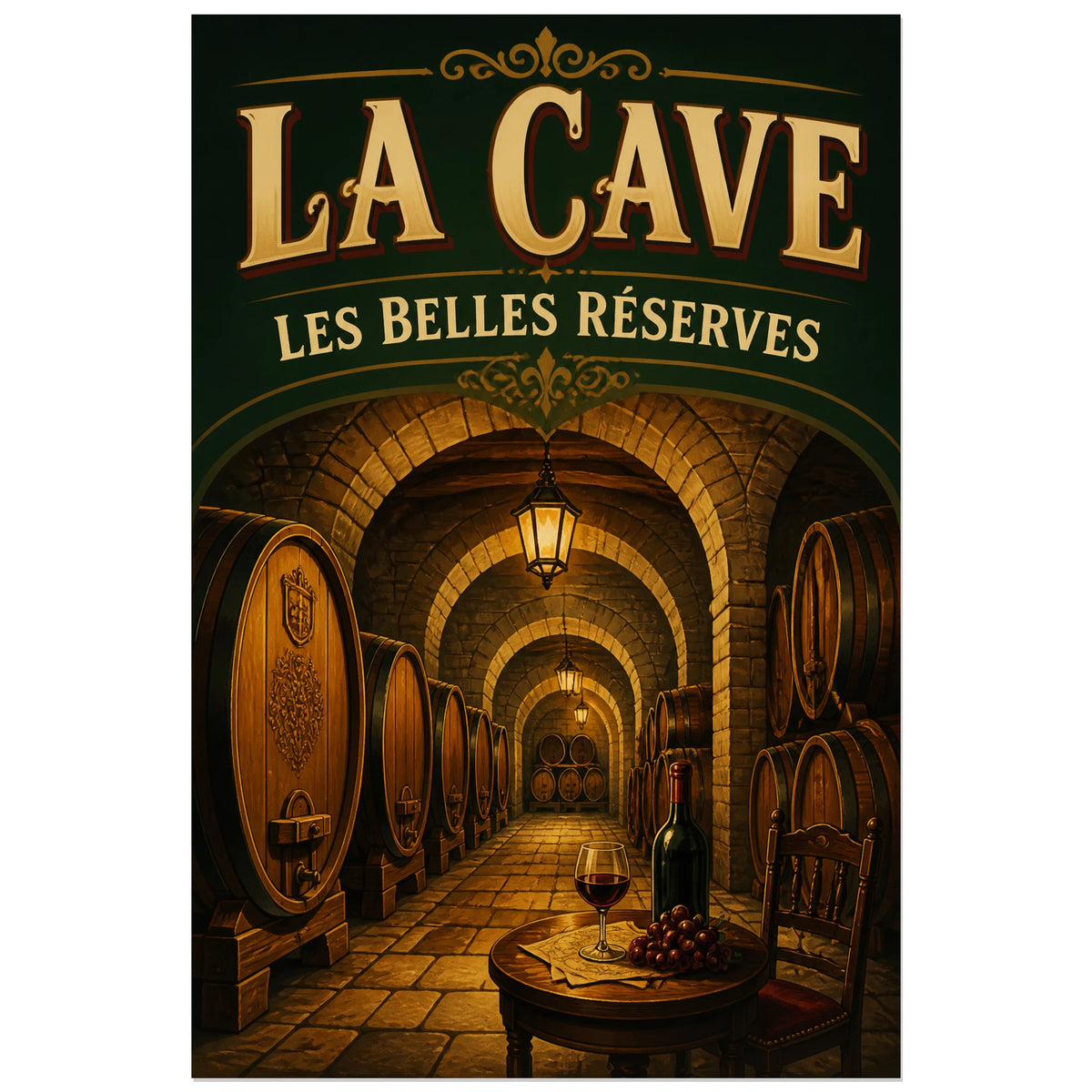Affiche La cave, les belles réserves, illustration patrimoniale rétro à éclairage chaleureux verticale, format 30 × 45 cm